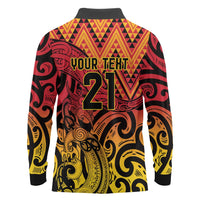 New Zealand Rangatira Custom Long Sleeve Polo Shirt Red and Gold Niho Taniwha Maori Tribal