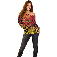 New Zealand Rangatira Custom Off Shoulder Sweater Red and Gold Niho Taniwha Maori Tribal