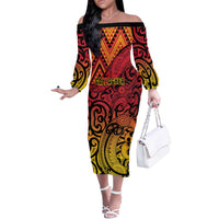 New Zealand Rangatira Custom Off The Shoulder Long Sleeve Dress Red and Gold Niho Taniwha Maori Tribal LT9 Women Gold - Polynesian Pride