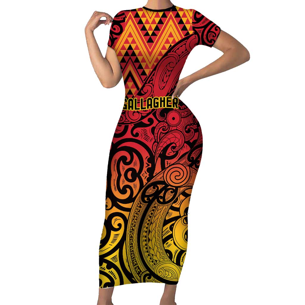 New Zealand Rangatira Custom Short Sleeve Bodycon Dress Red and Gold Niho Taniwha Maori Tribal LT9 Long Dress Gold - Polynesian Pride