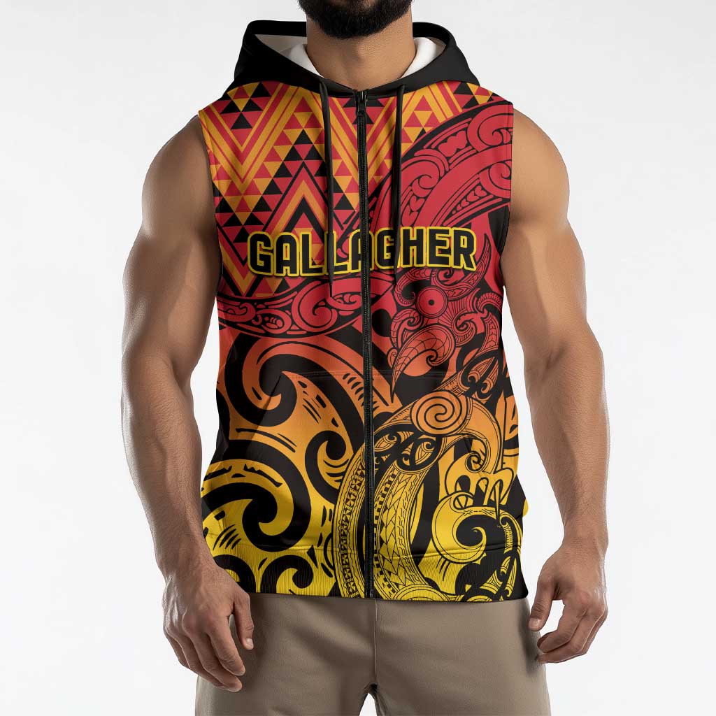 New Zealand Rangatira Custom Sleeveless Zip Hoodie Red and Gold Niho Taniwha Maori Tribal LT9 - Polynesian Pride
