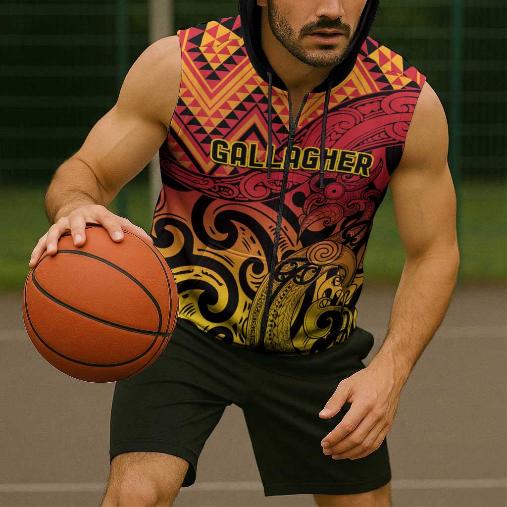 New Zealand Rangatira Custom Sleeveless Zip Hoodie Red and Gold Niho Taniwha Maori Tribal LT9 - Polynesian Pride