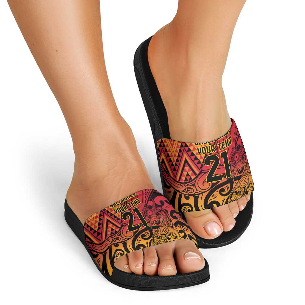 New Zealand Rangatira Custom Slide Sandals Red and Gold Niho Taniwha Maori Tribal - Polynesian Pride