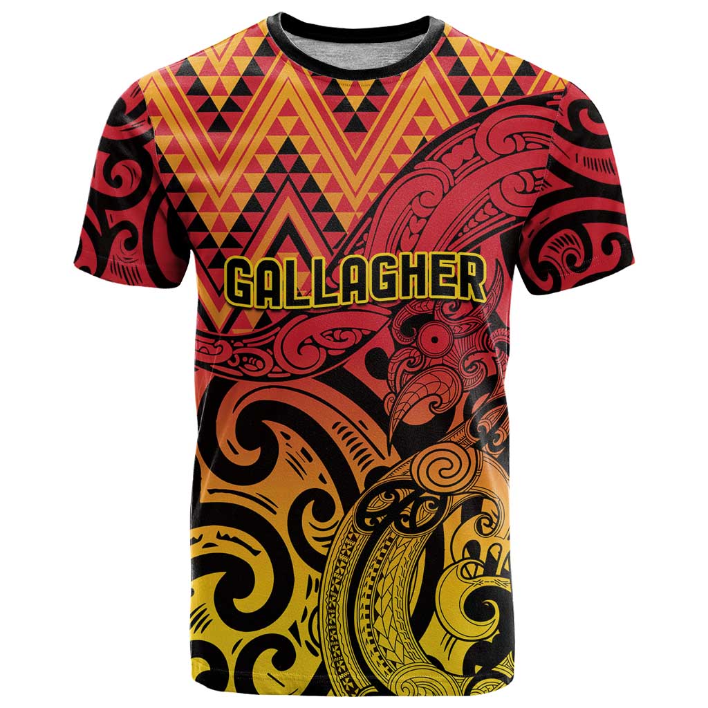 New Zealand Rangatira Custom T Shirt Red and Gold Niho Taniwha Maori Tribal