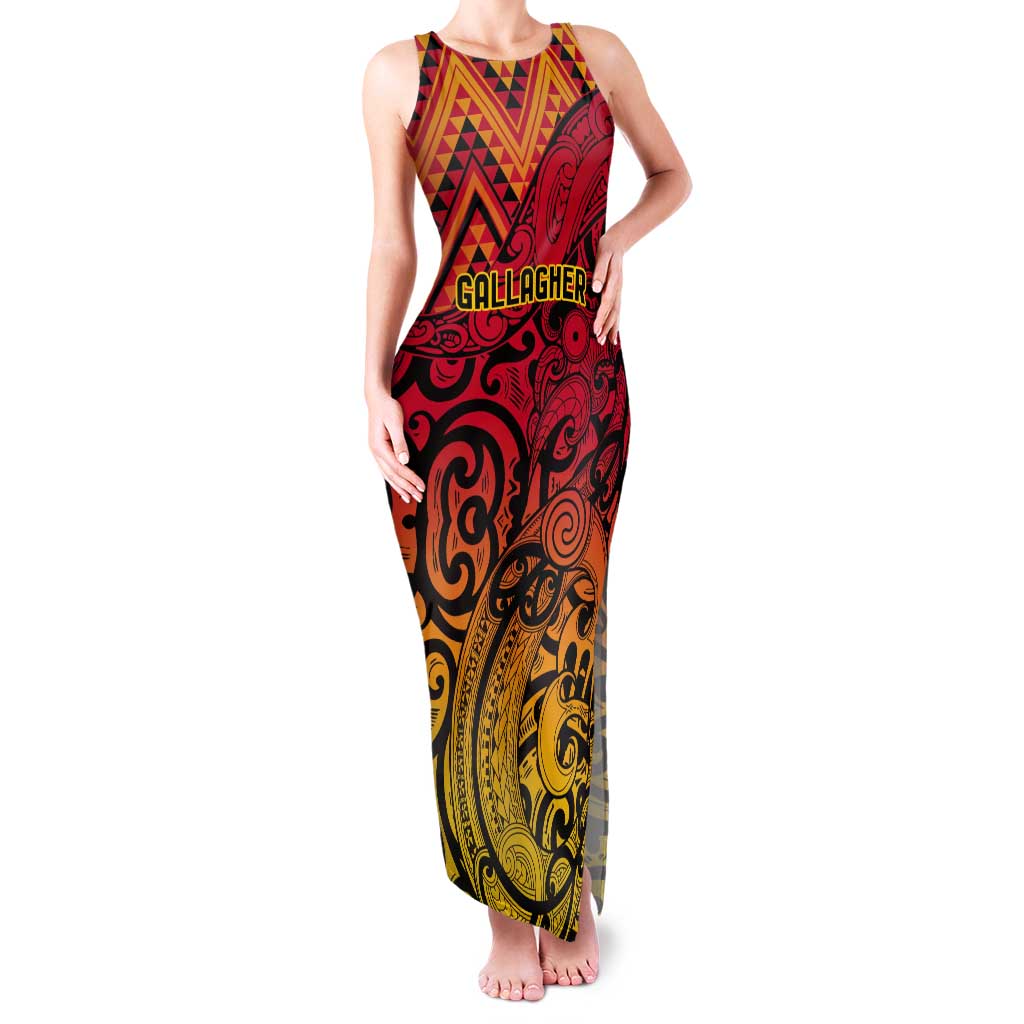 New Zealand Rangatira Custom Tank Maxi Dress Red and Gold Niho Taniwha Maori Tribal