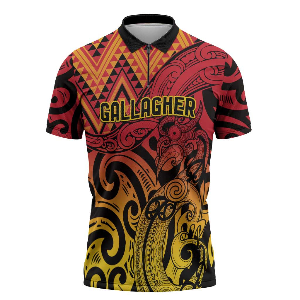 New Zealand Rangatira Custom Zipper Polo Shirt Red and Gold Niho Taniwha Maori Tribal LT9 Gold - Polynesian Pride