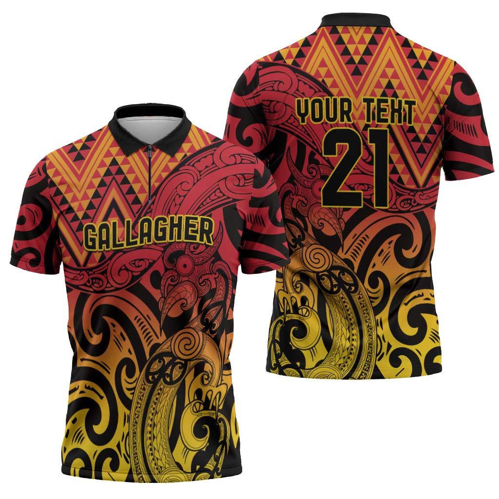 New Zealand Rangatira Custom Zipper Polo Shirt Red and Gold Niho Taniwha Maori Tribal LT9 - Polynesian Pride