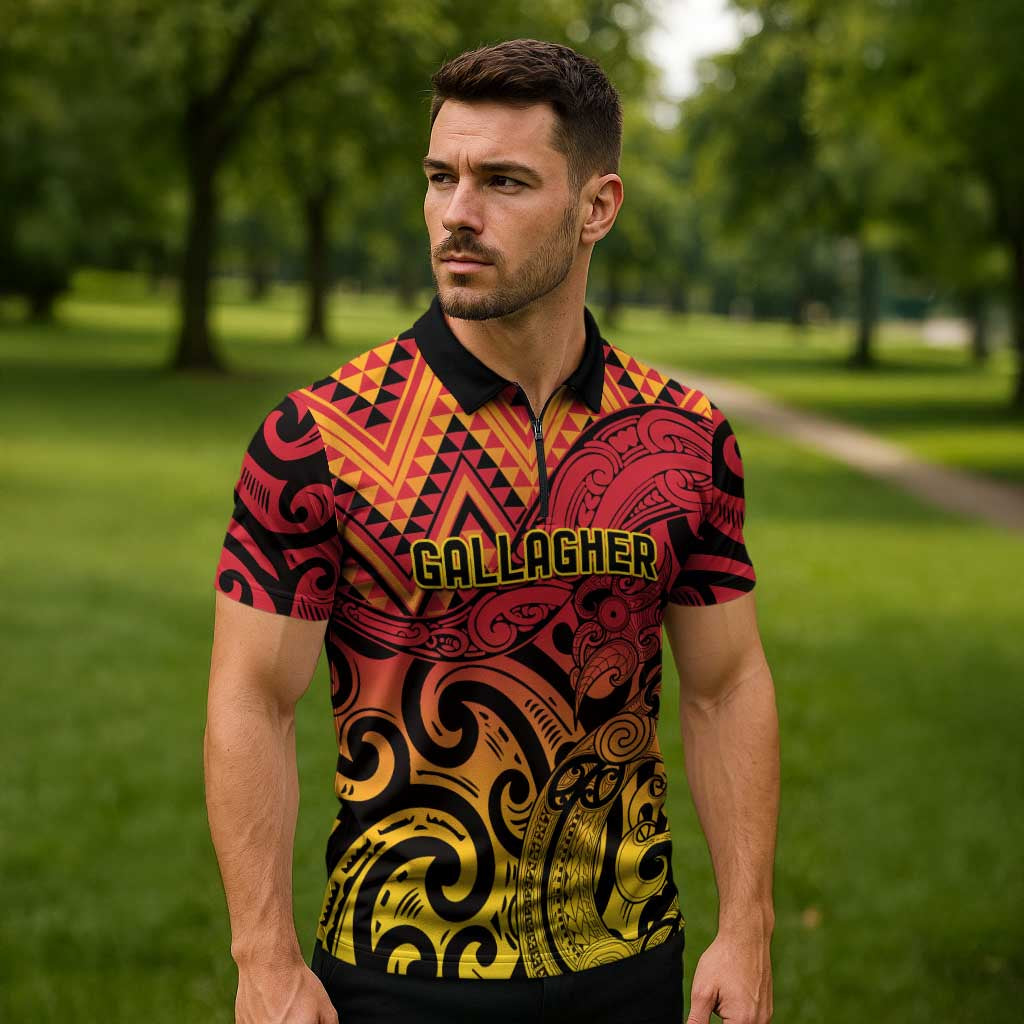 New Zealand Rangatira Custom Zipper Polo Shirt Red and Gold Niho Taniwha Maori Tribal LT9 - Polynesian Pride