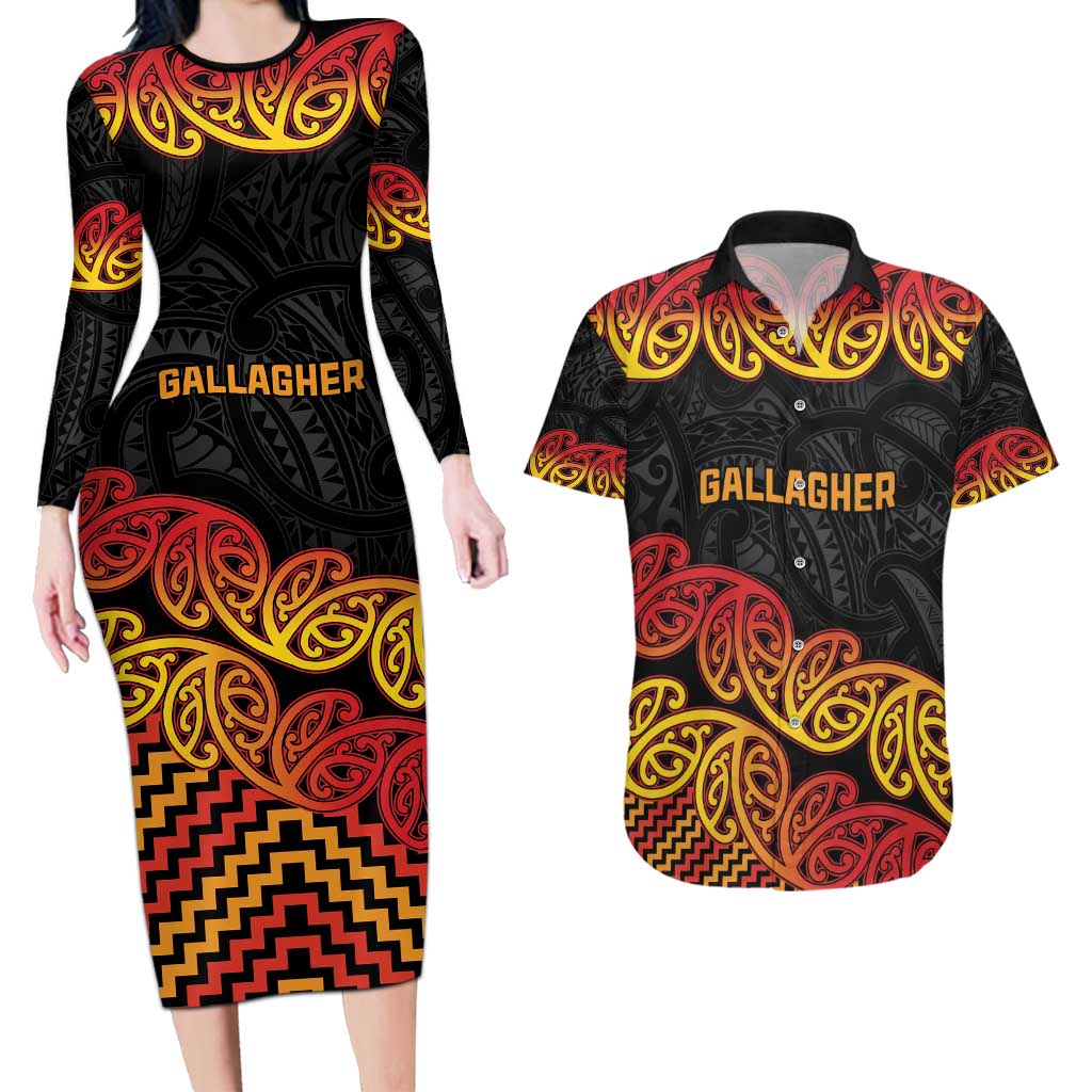 New Zealand Rugby Pacific Custom Couples Matching Long Sleeve Bodycon Dress and Hawaiian Shirt Rangatira Maori Kowhaiwhai Pattern LT9 Gold - Polynesian Pride