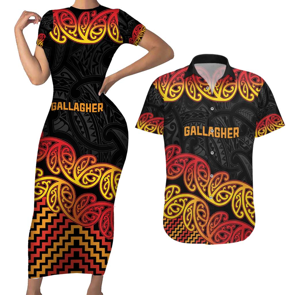 New Zealand Rugby Pacific Custom Couples Matching Short Sleeve Bodycon Dress and Hawaiian Shirt Rangatira Maori Kowhaiwhai Pattern LT9 Gold - Polynesian Pride