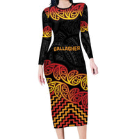 New Zealand Rugby Pacific Custom Family Matching Long Sleeve Bodycon Dress and Hawaiian Shirt Rangatira Maori Kowhaiwhai Pattern LT9 Mom's Dress Gold - Polynesian Pride