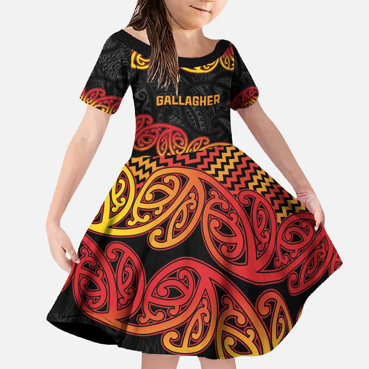New Zealand Rugby Pacific Custom Family Matching Off The Shoulder Long Sleeve Dress and Hawaiian Shirt Rangatira Maori Kowhaiwhai Pattern LT9 Daughter's Dress Gold - Polynesian Pride