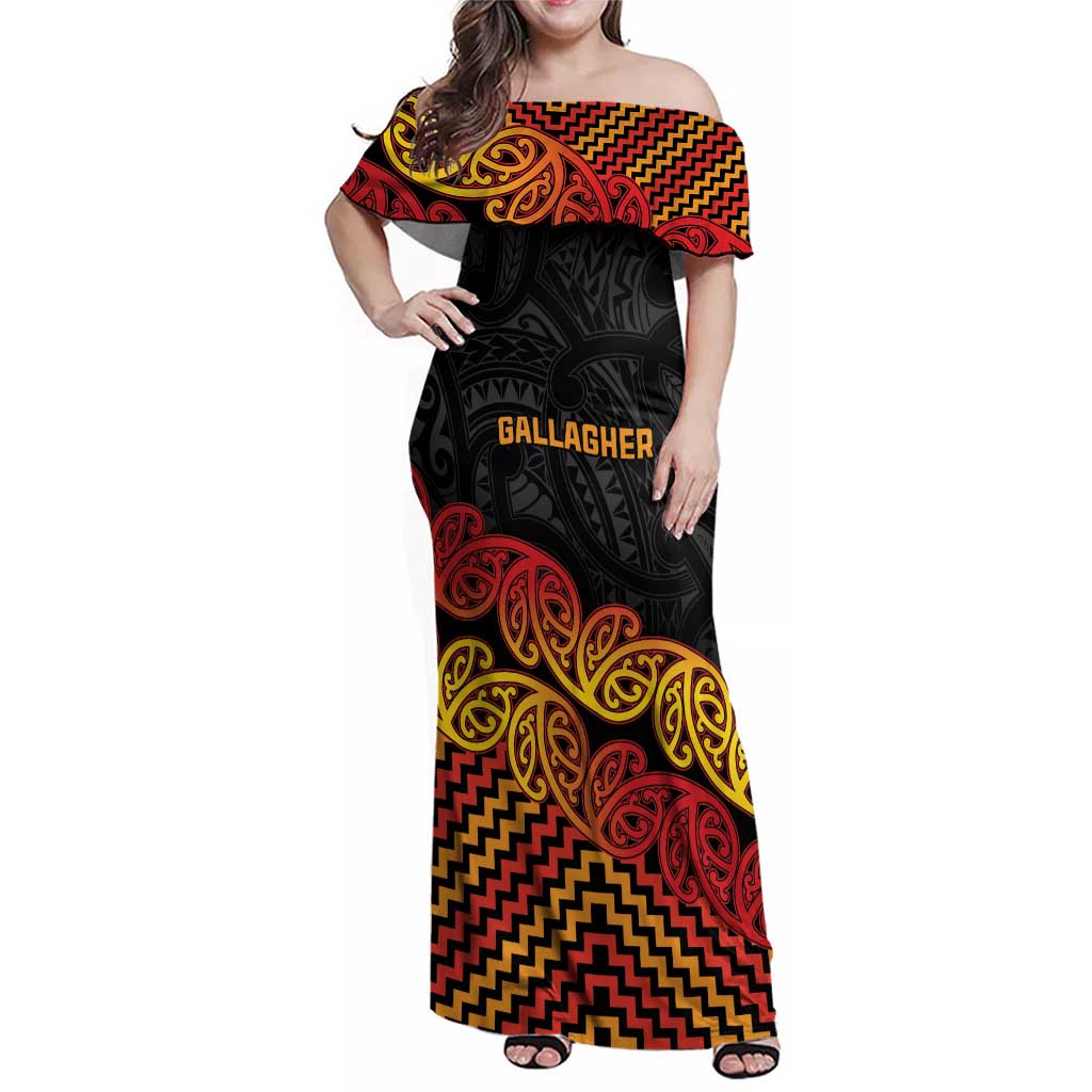 New Zealand Rugby Pacific Custom Family Matching Off Shoulder Maxi Dress and Hawaiian Shirt Rangatira Maori Kowhaiwhai Pattern LT9 Mom's Dress Gold - Polynesian Pride