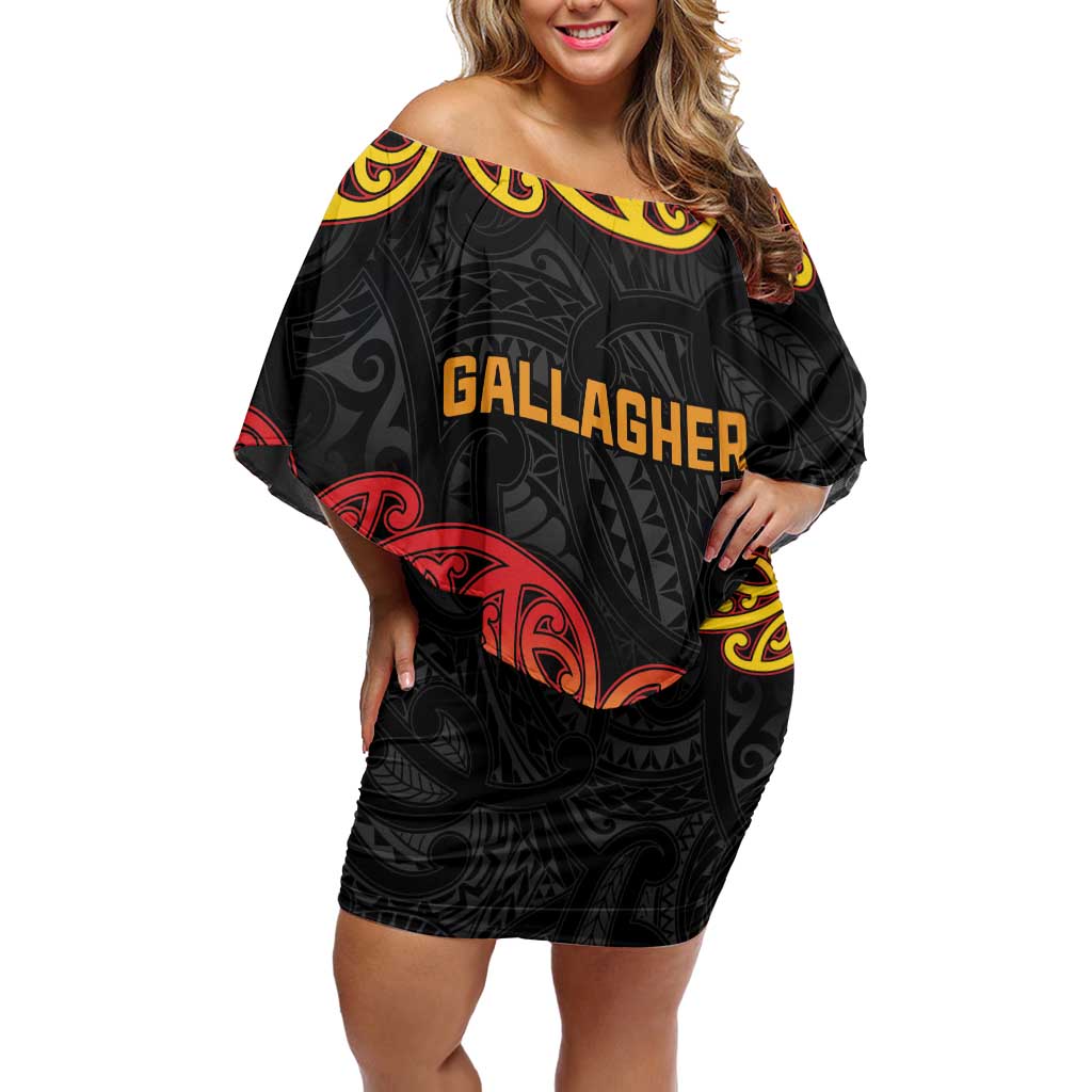 New Zealand Rugby Pacific Custom Family Matching Off Shoulder Short Dress and Hawaiian Shirt Rangatira Maori Kowhaiwhai Pattern LT9 Mom's Dress Gold - Polynesian Pride