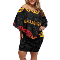 New Zealand Rugby Pacific Custom Family Matching Off Shoulder Short Dress and Hawaiian Shirt Rangatira Maori Kowhaiwhai Pattern LT9 Mom's Dress Gold - Polynesian Pride