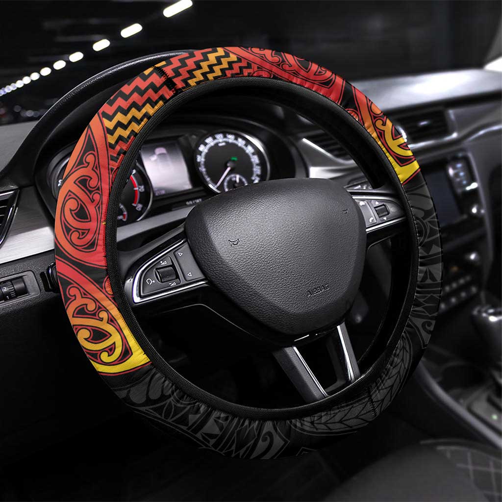 New Zealand Rugby Pacific Steering Wheel Cover Rangatira Maori Kowhaiwhai Pattern LT9 Universal Fit Gold - Polynesian Pride