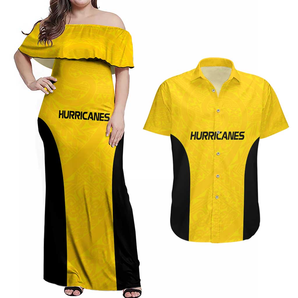 New Zealand Rugby Pacific Custom Couples Matching Off Shoulder Maxi Dress and Hawaiian Shirt Hau Awhiowhio Maori Tribal Tattoo LT9 Gold - Polynesian Pride