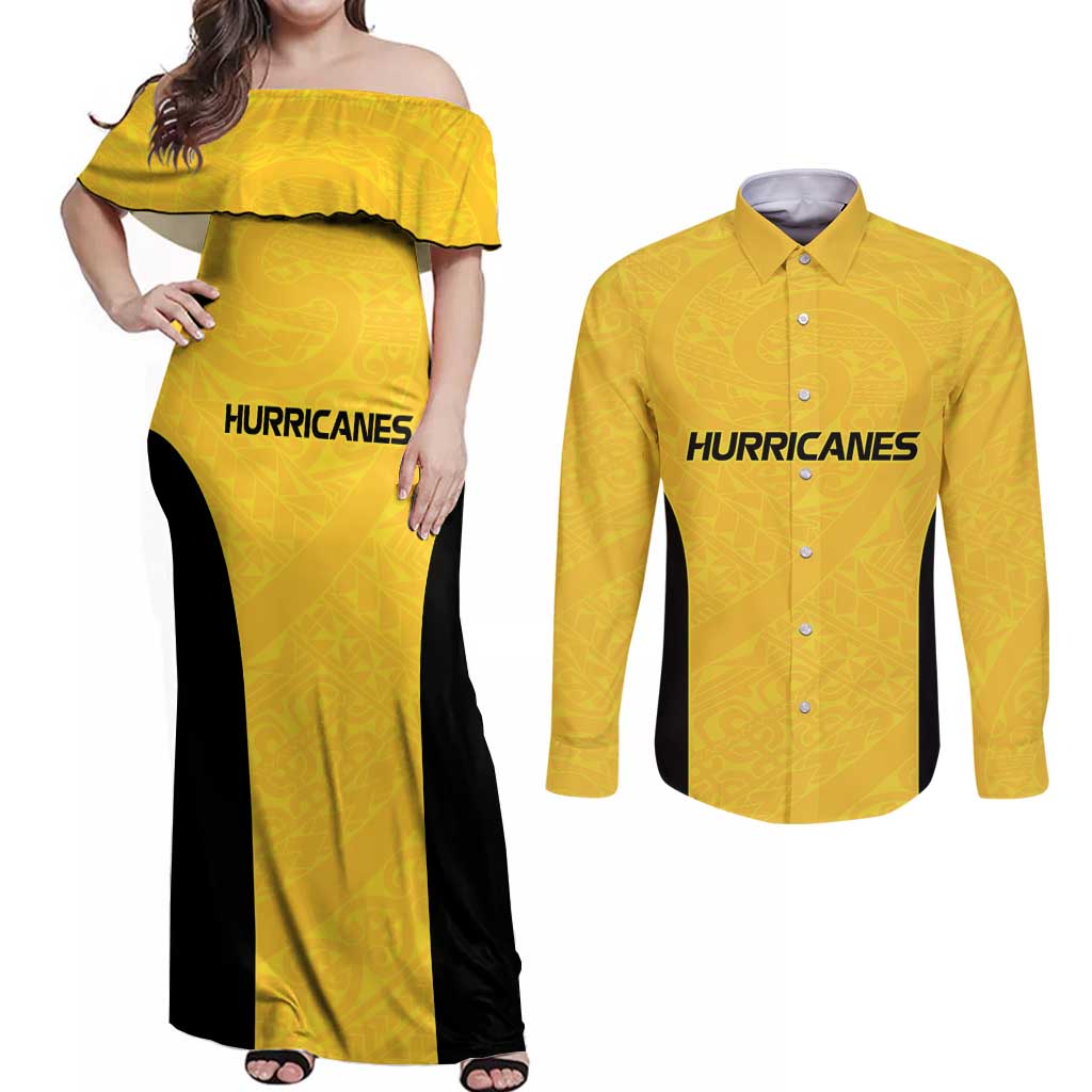 New Zealand Rugby Pacific Custom Couples Matching Off Shoulder Maxi Dress and Long Sleeve Button Shirt Hau Awhiowhio Maori Tribal Tattoo LT9 Gold - Polynesian Pride