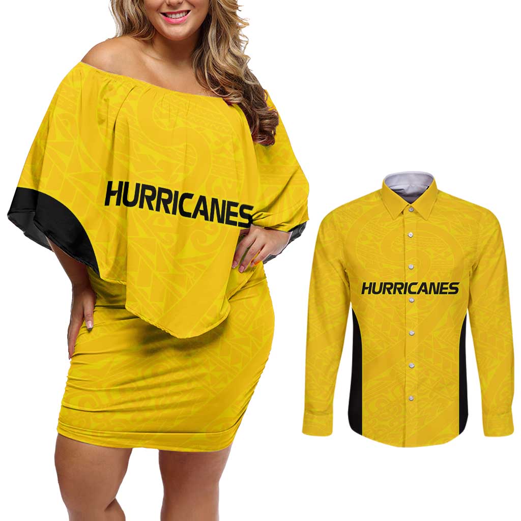 New Zealand Rugby Pacific Custom Couples Matching Off Shoulder Short Dress and Long Sleeve Button Shirt Hau Awhiowhio Maori Tribal Tattoo LT9 Gold - Polynesian Pride