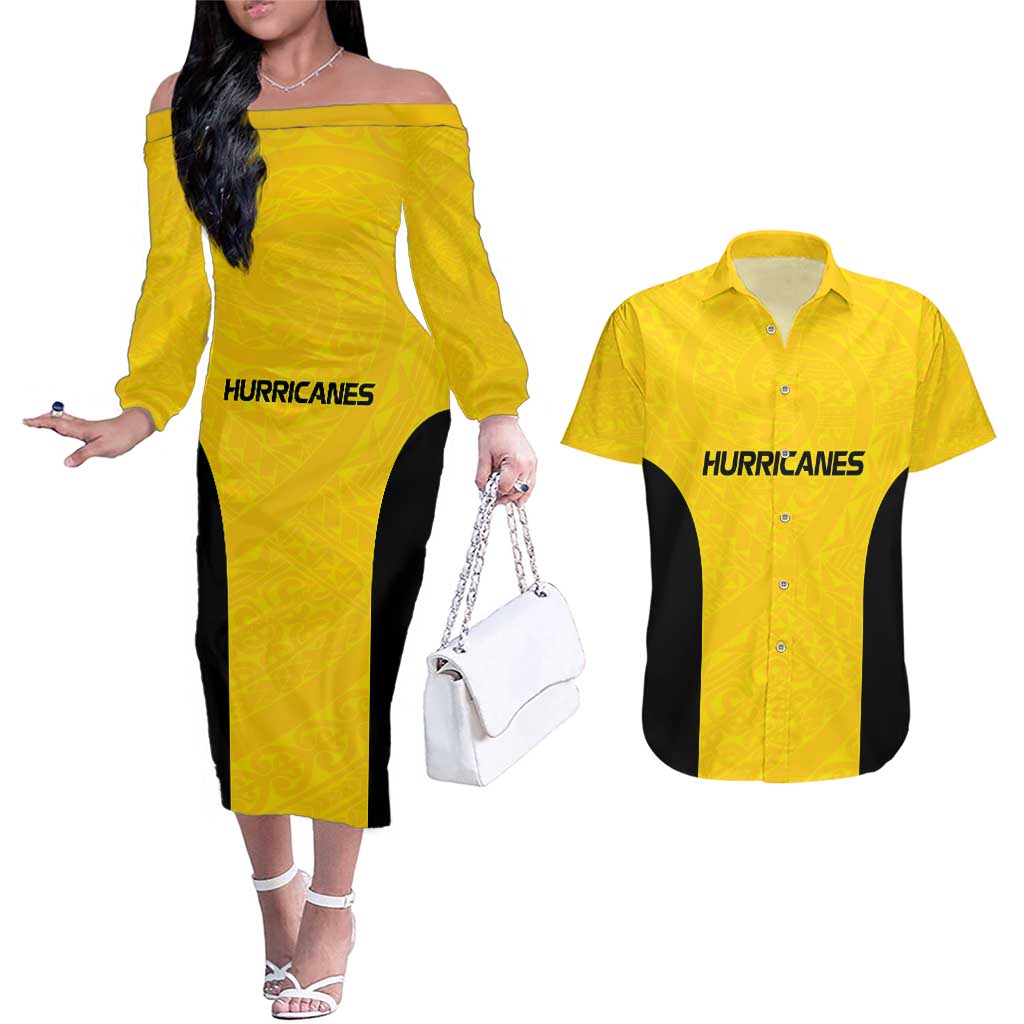 New Zealand Rugby Pacific Custom Couples Matching Off The Shoulder Long Sleeve Dress and Hawaiian Shirt Hau Awhiowhio Maori Tribal Tattoo LT9 Gold - Polynesian Pride