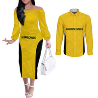 New Zealand Rugby Pacific Custom Couples Matching Off The Shoulder Long Sleeve Dress and Long Sleeve Button Shirt Hau Awhiowhio Maori Tribal Tattoo LT9 Gold - Polynesian Pride