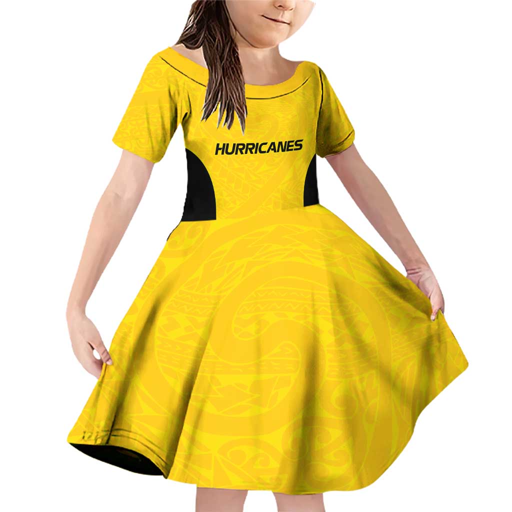 New Zealand Rugby Pacific Custom Family Matching Off Shoulder Short Dress and Hawaiian Shirt Hau Awhiowhio Maori Tribal Tattoo LT9 Daughter's Dress Gold - Polynesian Pride