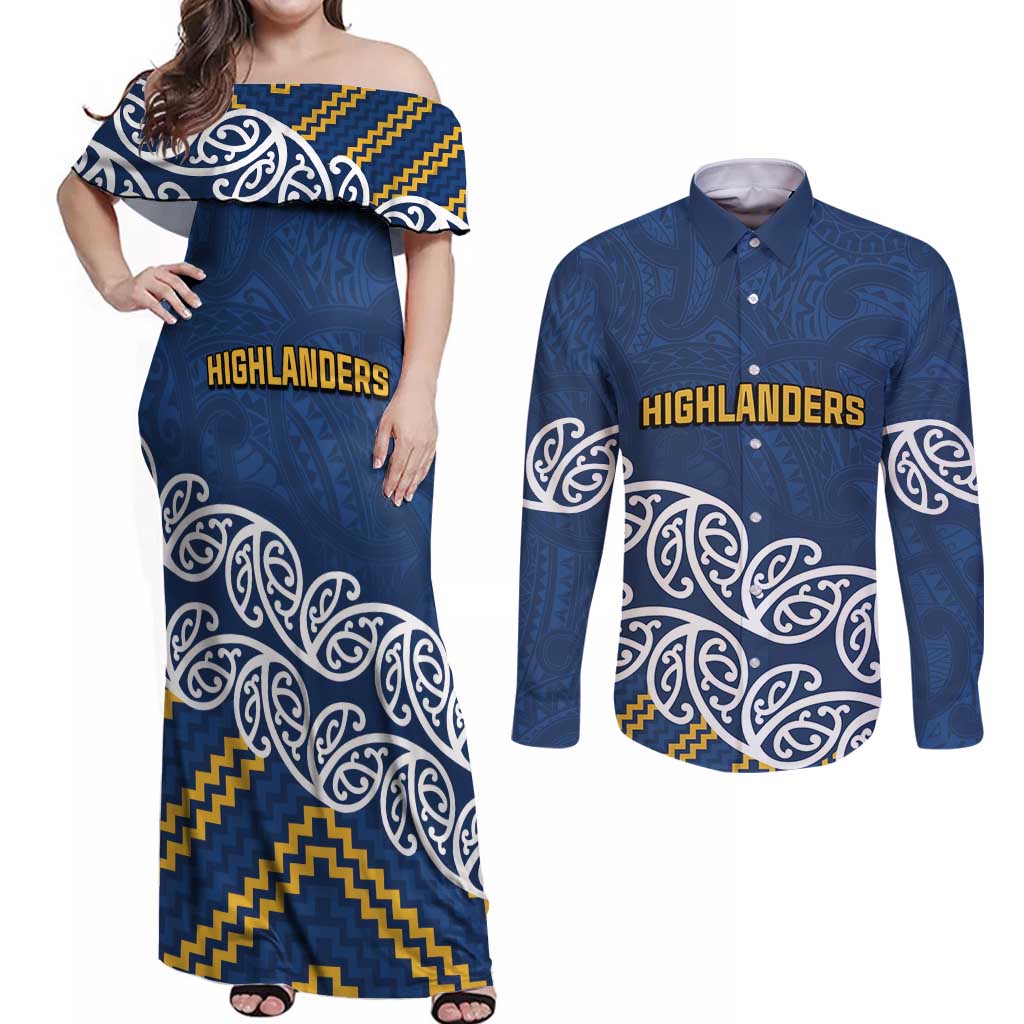 New Zealand Rugby Pacific Custom Couples Matching Off Shoulder Maxi Dress and Long Sleeve Button Shirt Kahupeka Maori Kowhaiwhai Pattern