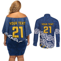 New Zealand Rugby Pacific Custom Couples Matching Off Shoulder Short Dress and Long Sleeve Button Shirt Kahupeka Maori Kowhaiwhai Pattern