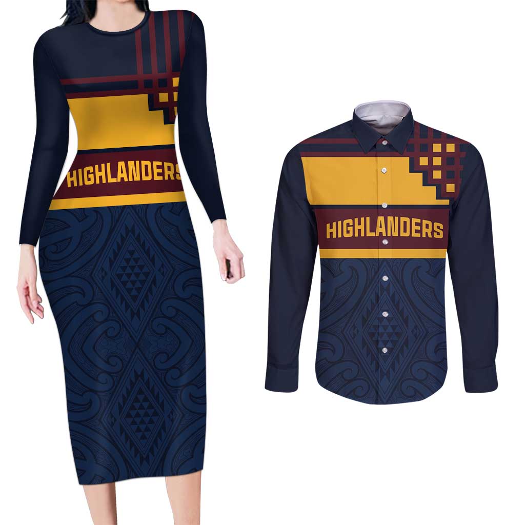 New Zealand Rugby Pacific Custom Couples Matching Long Sleeve Bodycon Dress and Long Sleeve Button Shirt Kahupeka Retro 2025 Taniko Motif LT9 Blue - Polynesian Pride