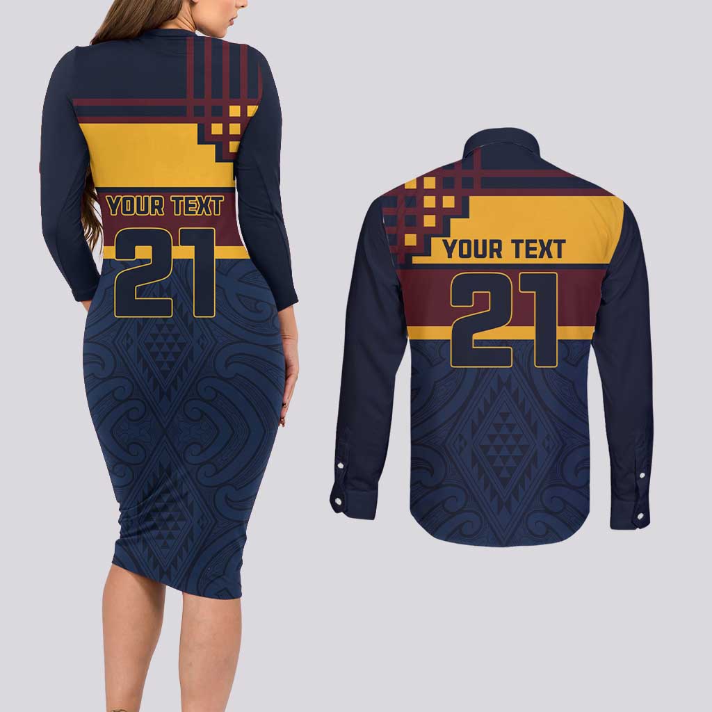 New Zealand Rugby Pacific Custom Couples Matching Long Sleeve Bodycon Dress and Long Sleeve Button Shirt Kahupeka Retro 2025 Taniko Motif LT9 - Polynesian Pride