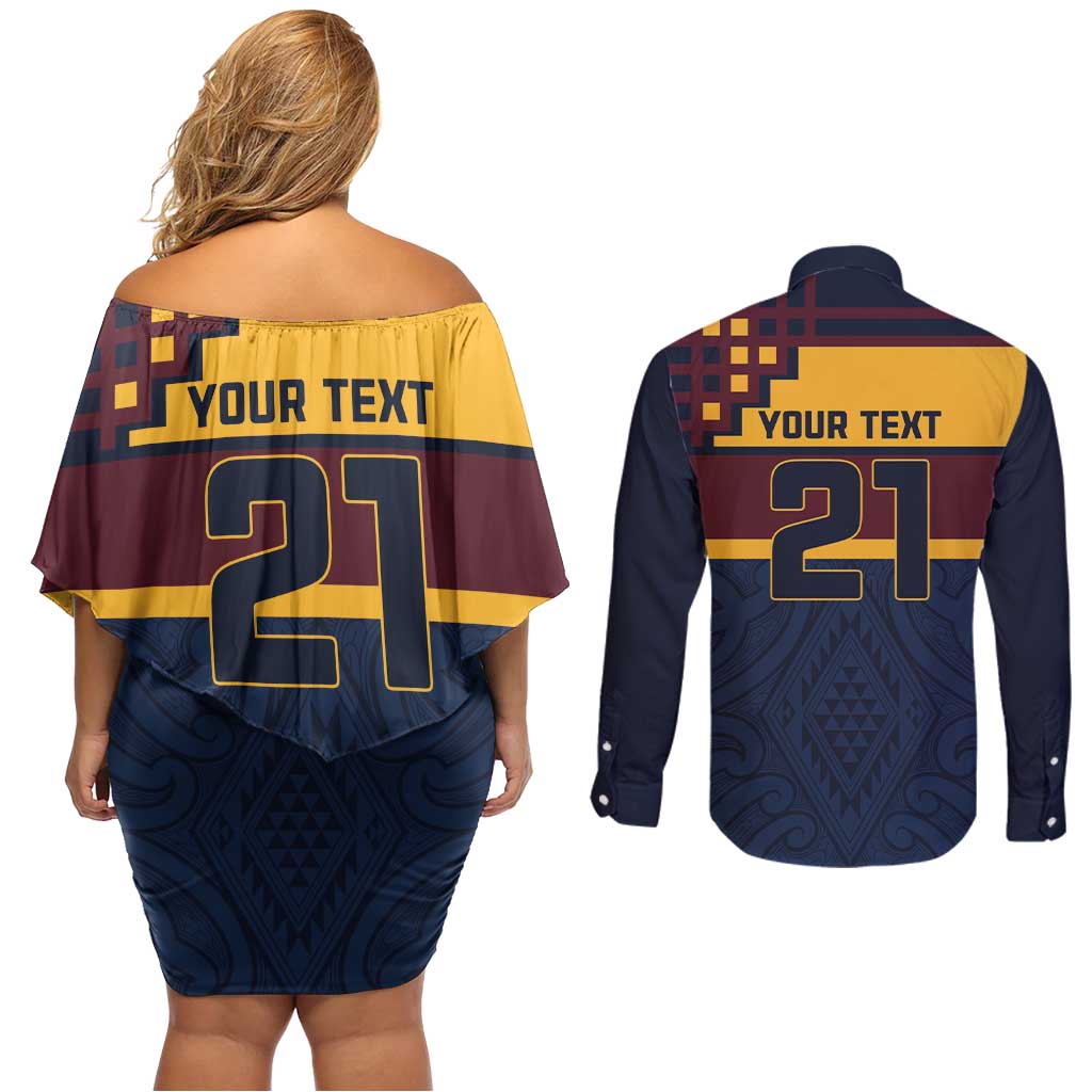 New Zealand Rugby Pacific Custom Couples Matching Off Shoulder Short Dress and Long Sleeve Button Shirt Kahupeka Retro 2025 Taniko Motif LT9 - Polynesian Pride