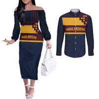New Zealand Rugby Pacific Custom Couples Matching Off The Shoulder Long Sleeve Dress and Long Sleeve Button Shirt Kahupeka Retro 2025 Taniko Motif LT9 Blue - Polynesian Pride