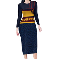New Zealand Rugby Pacific Custom Family Matching Long Sleeve Bodycon Dress and Hawaiian Shirt Kahupeka Retro 2025 Taniko Motif LT9 Mom's Dress Blue - Polynesian Pride
