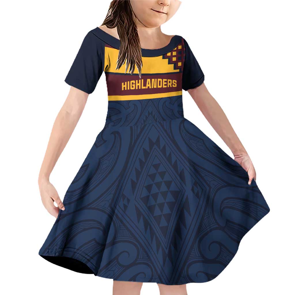 New Zealand Rugby Pacific Custom Family Matching Off Shoulder Short Dress and Hawaiian Shirt Kahupeka Retro 2025 Taniko Motif LT9 Daughter's Dress Blue - Polynesian Pride
