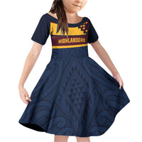 New Zealand Rugby Pacific Custom Family Matching Off Shoulder Short Dress and Hawaiian Shirt Kahupeka Retro 2025 Taniko Motif LT9 Daughter's Dress Blue - Polynesian Pride