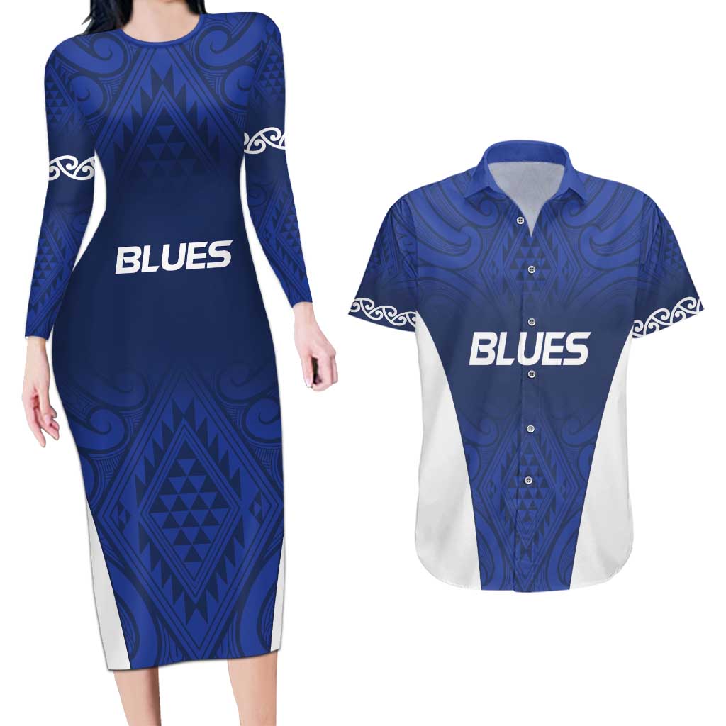 New Zealand Rugby Pacific Custom Couples Matching Long Sleeve Bodycon Dress and Hawaiian Shirt Kahurangi Auckland All Blue LT9 Blue - Polynesian Pride