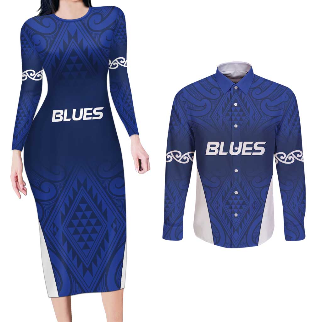 New Zealand Rugby Pacific Custom Couples Matching Long Sleeve Bodycon Dress and Long Sleeve Button Shirt Kahurangi Auckland All Blue LT9 Blue - Polynesian Pride