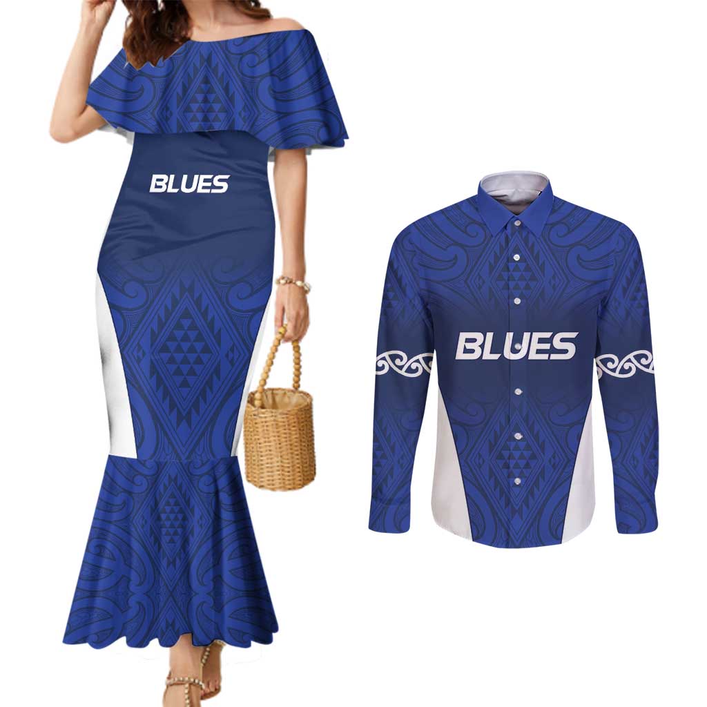 New Zealand Rugby Pacific Custom Couples Matching Mermaid Dress and Long Sleeve Button Shirt Kahurangi Auckland All Blue LT9 Blue - Polynesian Pride