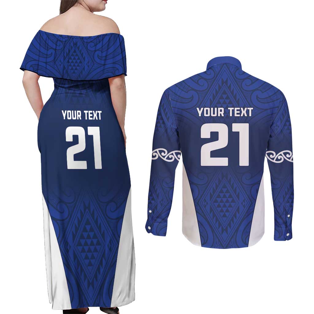 New Zealand Rugby Pacific Custom Couples Matching Off Shoulder Maxi Dress and Long Sleeve Button Shirt Kahurangi Auckland All Blue LT9 - Polynesian Pride
