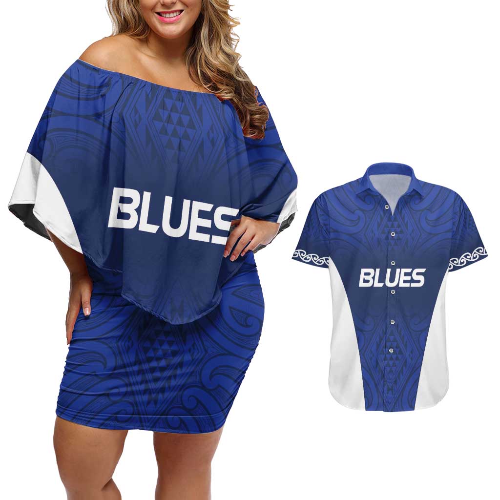 New Zealand Rugby Pacific Custom Couples Matching Off Shoulder Short Dress and Hawaiian Shirt Kahurangi Auckland All Blue LT9 Blue - Polynesian Pride