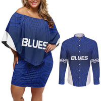 New Zealand Rugby Pacific Custom Couples Matching Off Shoulder Short Dress and Long Sleeve Button Shirt Kahurangi Auckland All Blue LT9 Blue - Polynesian Pride