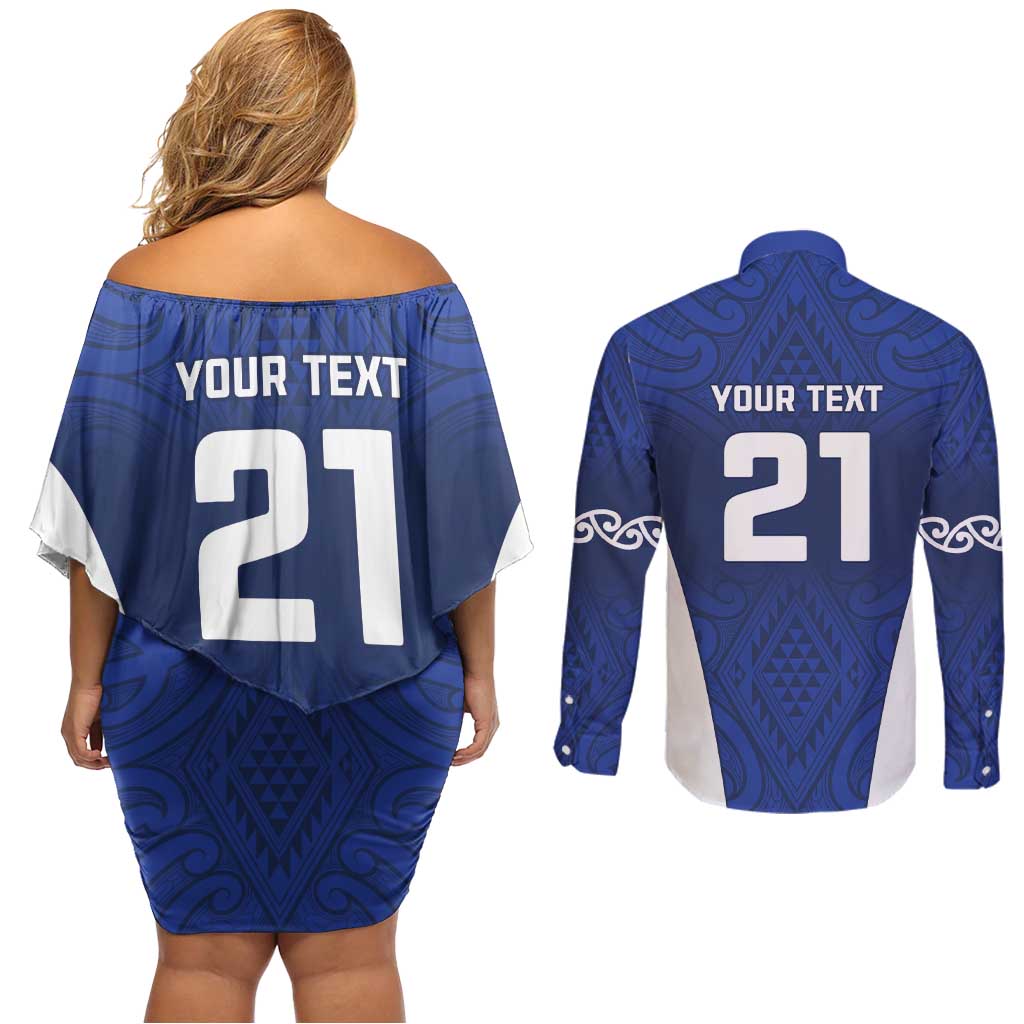 New Zealand Rugby Pacific Custom Couples Matching Off Shoulder Short Dress and Long Sleeve Button Shirt Kahurangi Auckland All Blue LT9 - Polynesian Pride