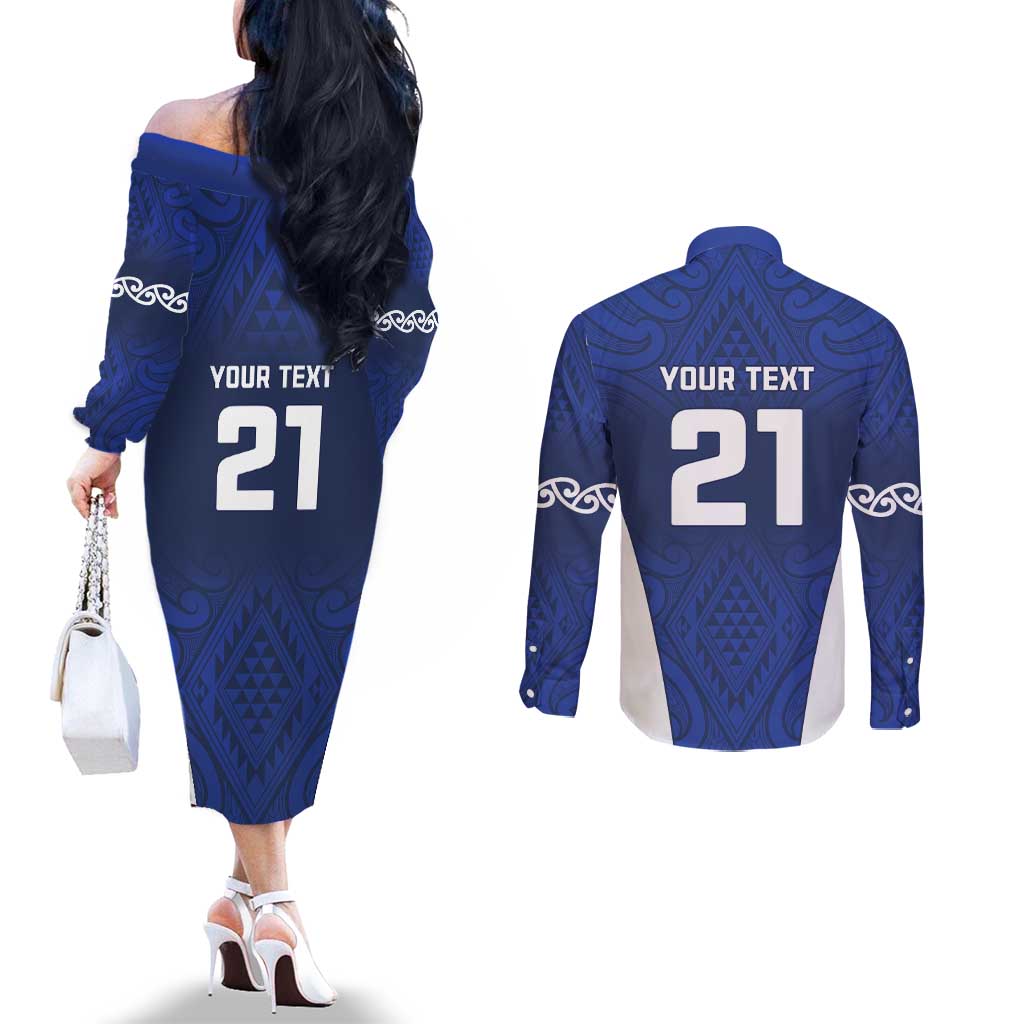New Zealand Rugby Pacific Custom Couples Matching Off The Shoulder Long Sleeve Dress and Long Sleeve Button Shirt Kahurangi Auckland All Blue
