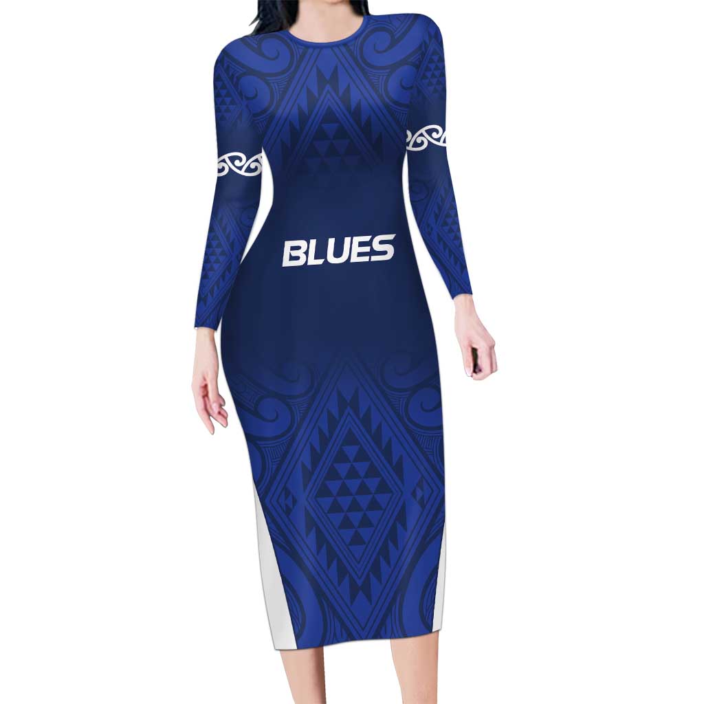 New Zealand Rugby Pacific Custom Family Matching Long Sleeve Bodycon Dress and Hawaiian Shirt Kahurangi Auckland All Blue LT9 Mom's Dress Blue - Polynesian Pride