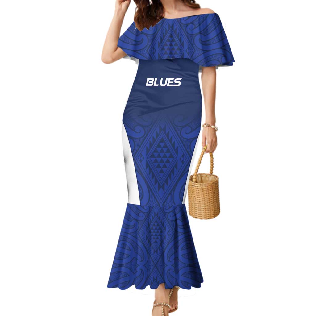 New Zealand Rugby Pacific Custom Family Matching Mermaid Dress and Hawaiian Shirt Kahurangi Auckland All Blue LT9 Mom's Dress Blue - Polynesian Pride