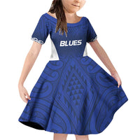 New Zealand Rugby Pacific Custom Family Matching Off Shoulder Short Dress and Hawaiian Shirt Kahurangi Auckland All Blue LT9 Daughter's Dress Blue - Polynesian Pride