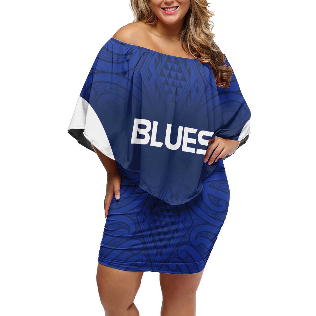 New Zealand Rugby Pacific Custom Family Matching Off Shoulder Short Dress and Hawaiian Shirt Kahurangi Auckland All Blue LT9 Mom's Dress Blue - Polynesian Pride