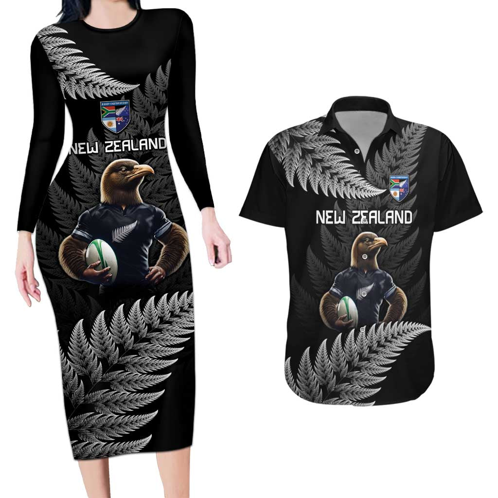 New Zealand Rugby Custom Couples Matching Long Sleeve Bodycon Dress and Hawaiian Shirt Glory Be To Black Silver-fern LT9 Black - Polynesian Pride