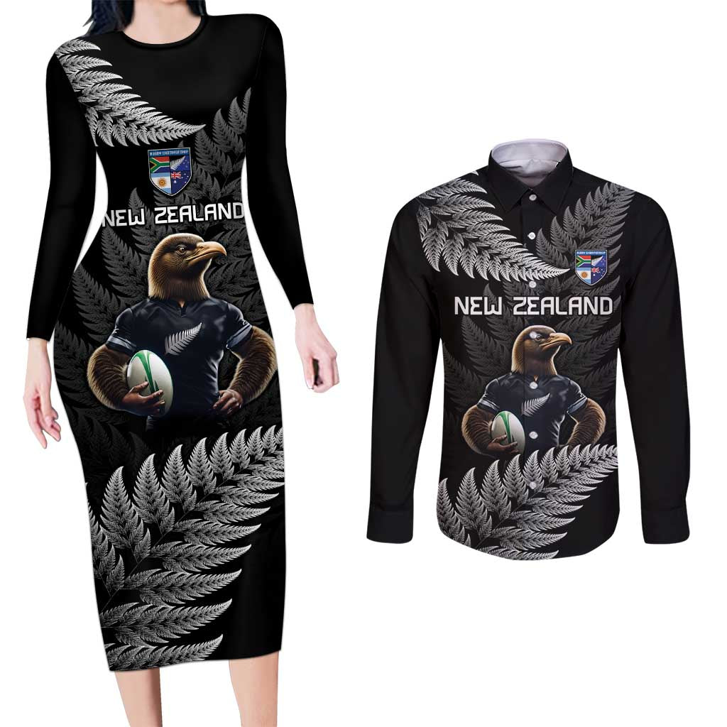 New Zealand Rugby Custom Couples Matching Long Sleeve Bodycon Dress and Long Sleeve Button Shirt Glory Be To Black Silver-fern - Polynesian Pride