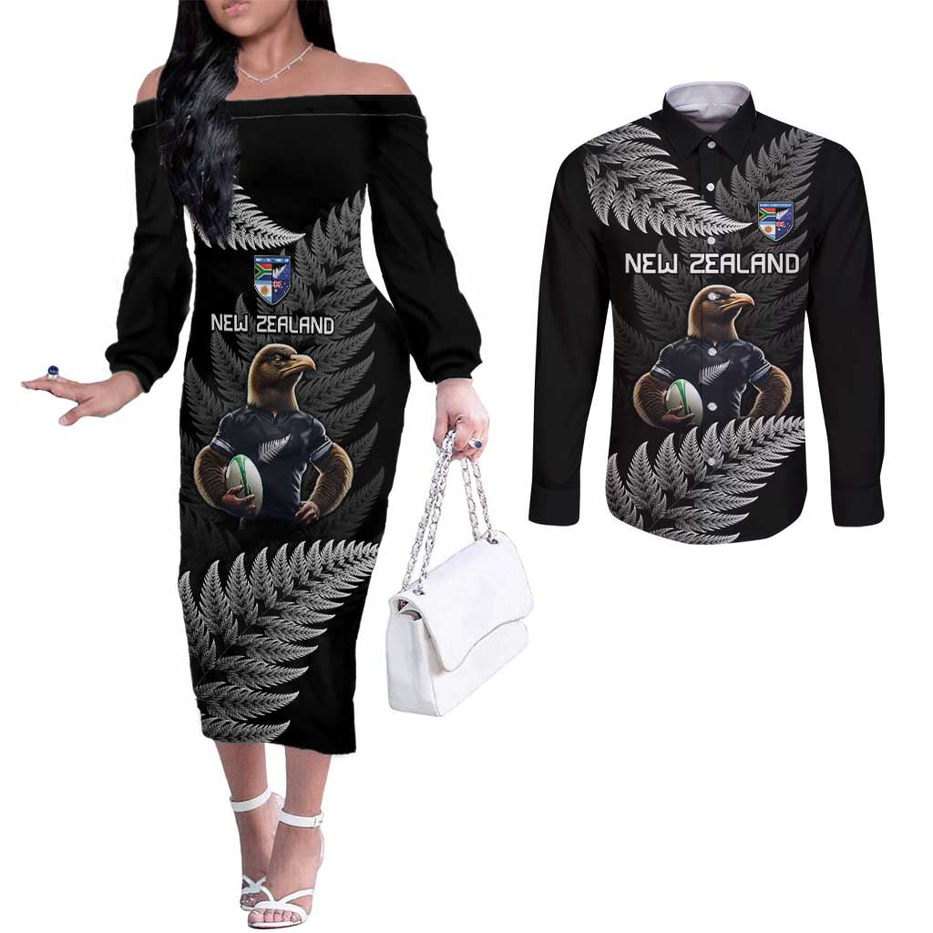 New Zealand Rugby Custom Couples Matching Off The Shoulder Long Sleeve Dress and Long Sleeve Button Shirt Glory Be To Black Silver-fern LT9 Black - Polynesian Pride